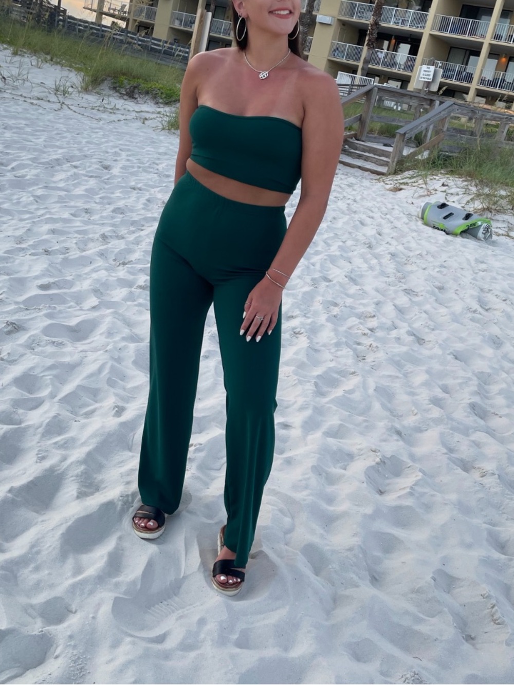 Women’s Dark Green High-Waist Wide-Leg Pants and Bandeau Set